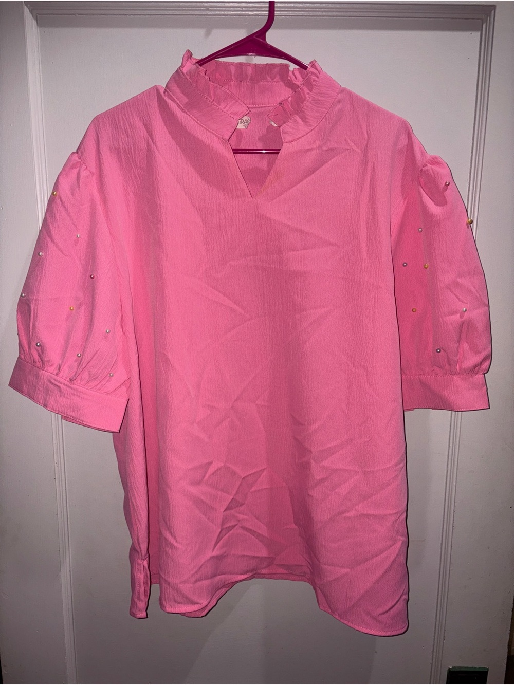 Pink Ruffled V-Neck Blouse with Embellished Pearl Puff Sleeves